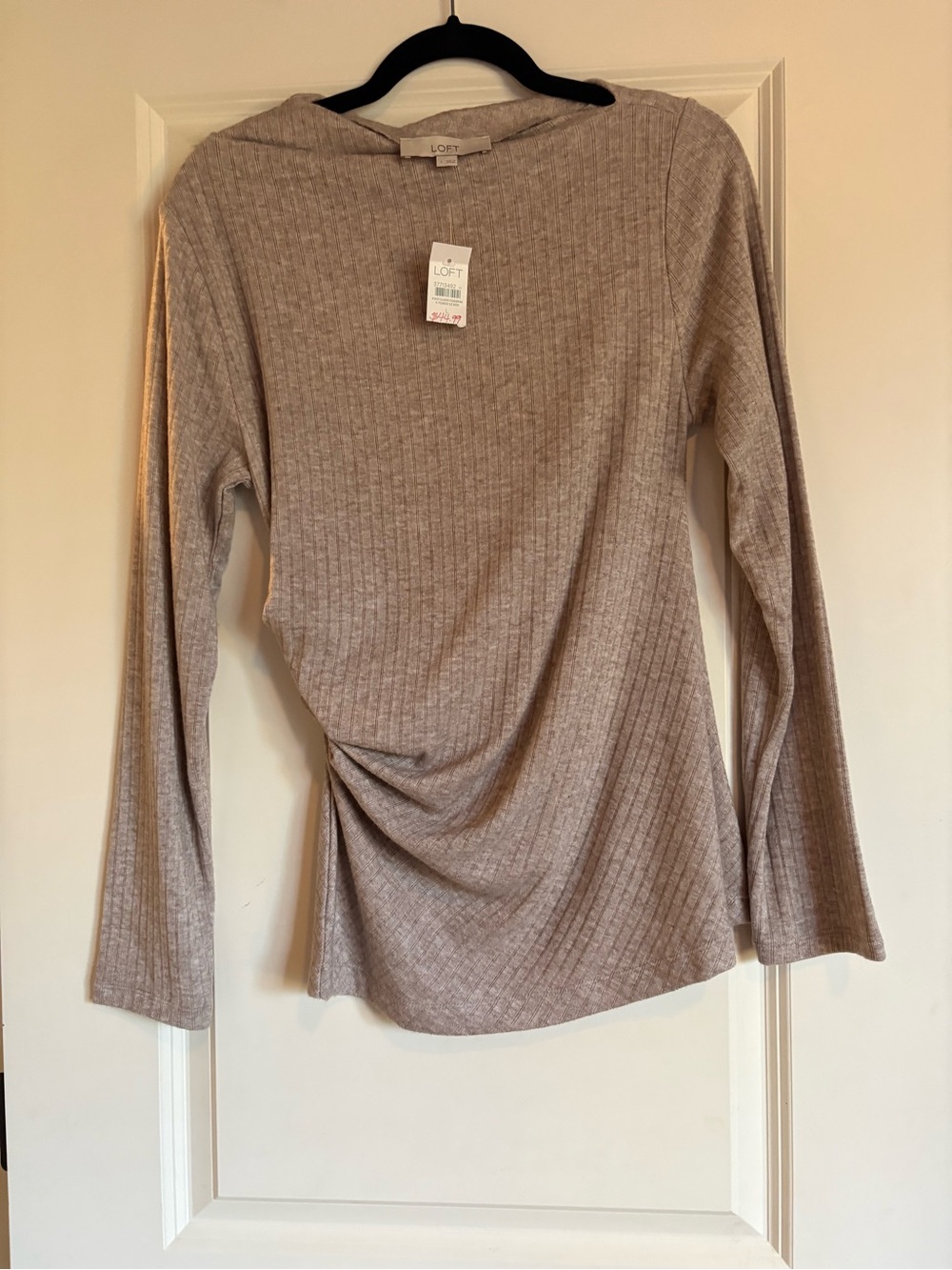 LOFT Ribbed Long-Sleeve Twist-Hem Top in Taupe